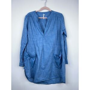 Seafolly Boyfriend Beach Shirt Cover Up Blue Pockets Cotton Medium Chambray